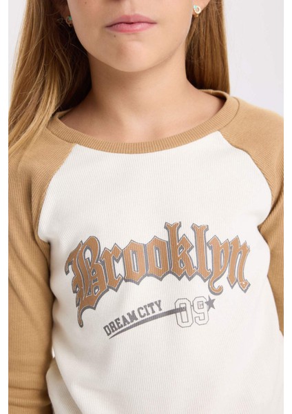 Kız Çocuk Crop Bisiklet Yaka Baskılı Fitilli Kaşkorse Uzun Kollu Tişört D3864A824AU