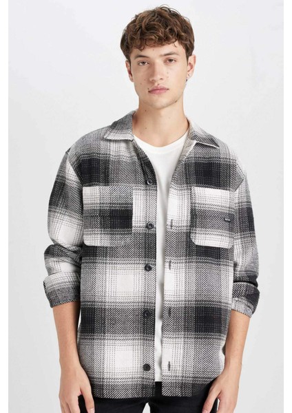 Siyah Relax Fit Polo Yaka Kareli Oduncu Flanel Uzun Kollu Gömlek Ceket D4281AX24AU