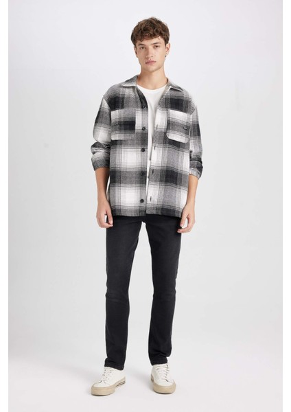 Siyah Relax Fit Polo Yaka Kareli Oduncu Flanel Uzun Kollu Gömlek Ceket D4281AX24AU