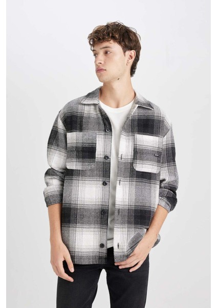 Siyah Relax Fit Polo Yaka Kareli Oduncu Flanel Uzun Kollu Gömlek Ceket D4281AX24AU