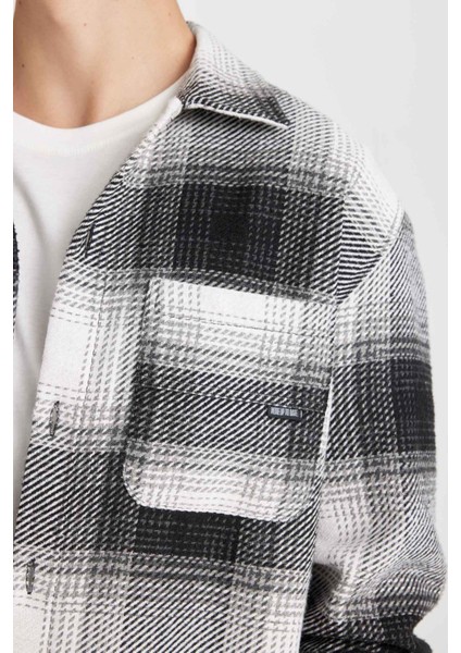 Siyah Relax Fit Polo Yaka Kareli Oduncu Flanel Uzun Kollu Gömlek Ceket D4281AX24AU