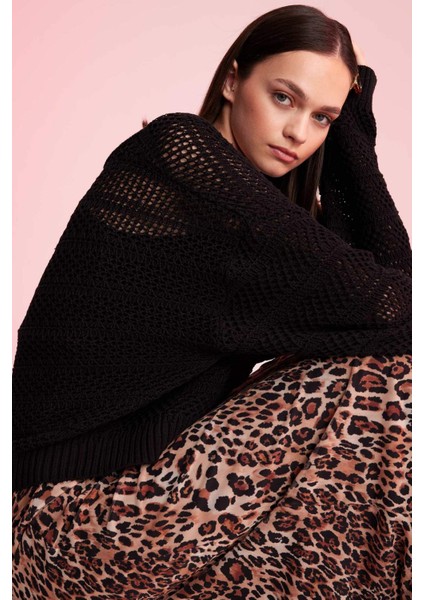 Regular Fit V Yaka Kroşe Siyah Triko Kazak D4633AX24AU