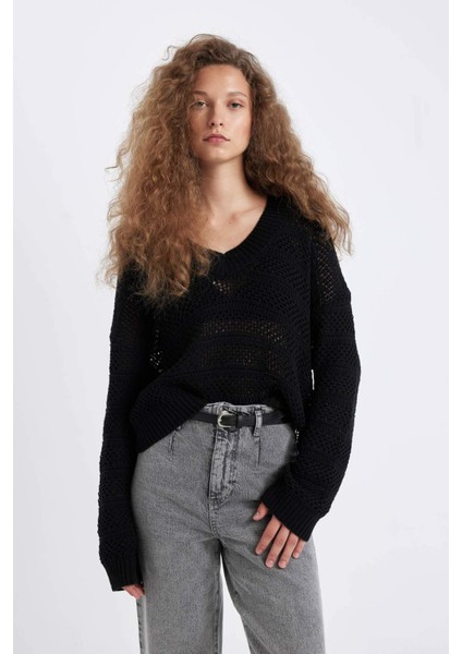 Regular Fit V Yaka Kroşe Siyah Triko Kazak D4633AX24AU