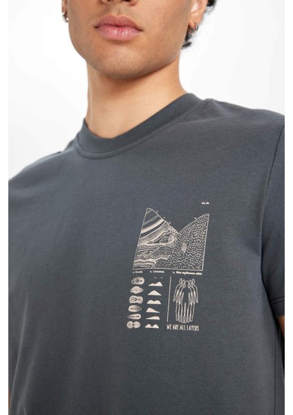 %100 Pamuk Slim Fit Dar Kesim Bisiklet Yaka Baskılı Kısa Kollu Tişört C2131AX24AU