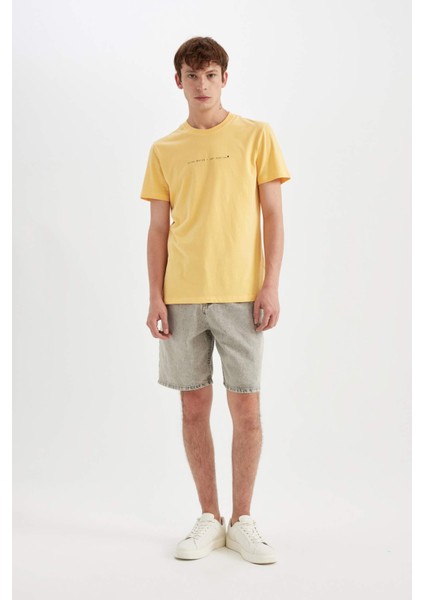 %100 Pamuk Slim Fit Dar Kesim Bisiklet Yaka Baskılı Kısa Kollu Tişört C2077AX24AU