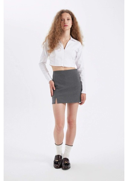 Yüksek Bel Basic Düz Pamuk Yırtmaçlı Astarlı Mini Etek