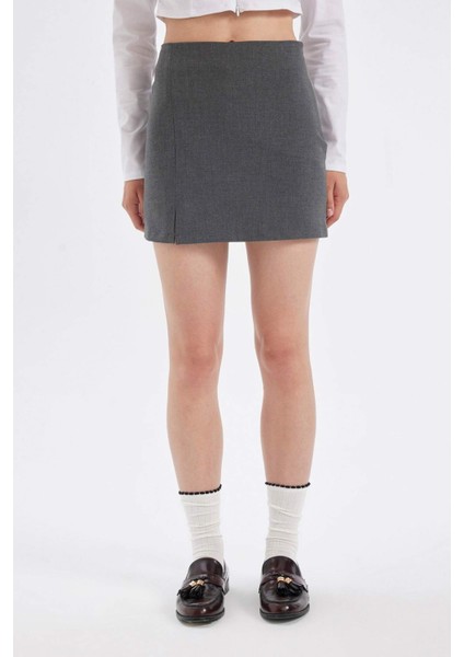 Yüksek Bel Basic Düz Pamuk Yırtmaçlı Astarlı Mini Etek