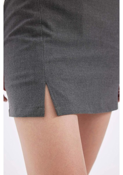 Yüksek Bel Basic Düz Pamuk Yırtmaçlı Astarlı Mini Etek