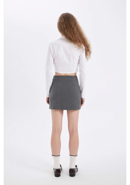 Yüksek Bel Basic Düz Pamuk Yırtmaçlı Astarlı Mini Etek