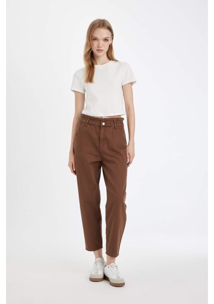 Paperbag Yüksek Bel Rahat Kesim Hafif Düz Paça Bilek Boy Jean Pantolon