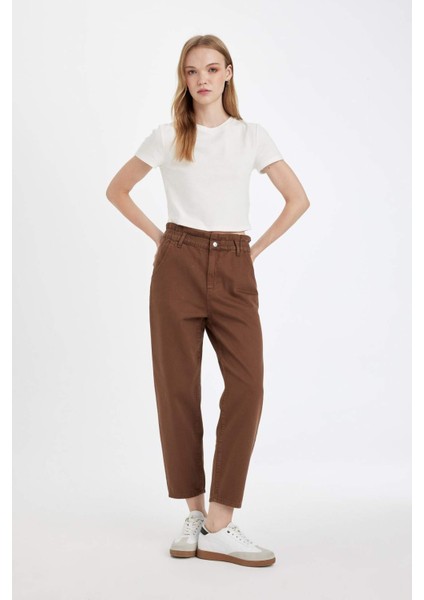 Paperbag Yüksek Bel Rahat Kesim Hafif Düz Paça Bilek Boy Jean Pantolon