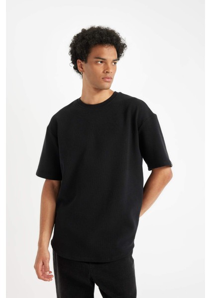 Boxy Fit Bisiklet Yaka Kısa Kollu Basic Düz Waffle Siyah Tişört B4443AX24AU