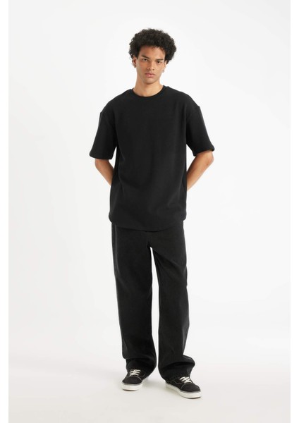 Boxy Fit Bisiklet Yaka Kısa Kollu Basic Düz Waffle Siyah Tişört B4443AX24AU