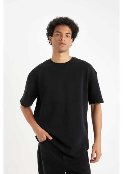 Boxy Fit Bisiklet Yaka Kısa Kollu Basic Düz Waffle Siyah Tişört B4443AX24AU