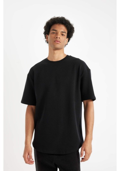 Boxy Fit Bisiklet Yaka Kısa Kollu Basic Düz Waffle Siyah Tişört B4443AX24AU