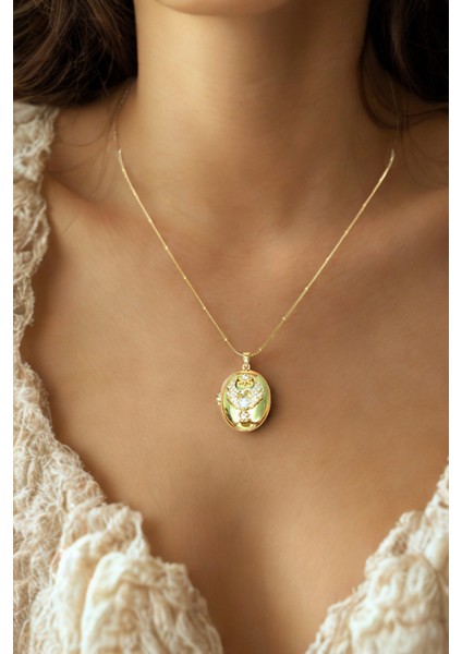 Kapaklı Fotoğraflık Taşlı Anka Kuşu Alya Çelik Kolyesi