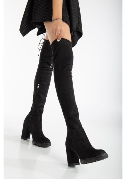 Sofia Topuklu Süet Streç Çizme Siyah