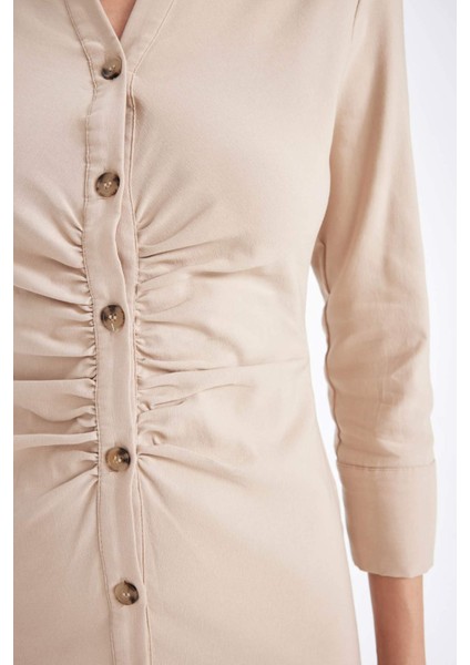 Gömlek Yaka Basic Düz Düğmeli Beli Büzgülü Bengalin Yarım Kollu Elbise D4560AX24AU