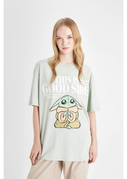 Star Wars-Mandalorian Oversize Geniş Kalıp Bisiklet Yaka Sırt Baskılı Kısa Kollu Tişört D4821AX24AU