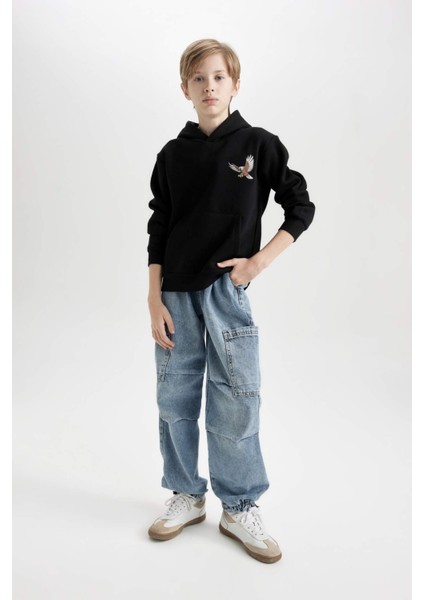 Erkek Çocuk Baskılı Kapüşonlu Siyah Sweatshirt D3032A824WN