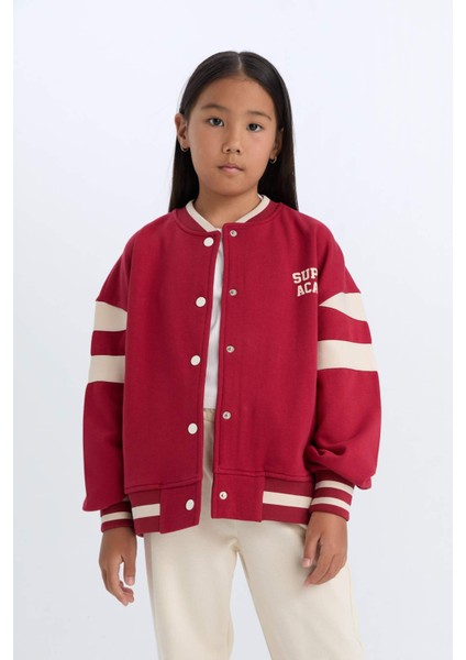 Kız Çocuk Kolej Yaka Baskılı Çıtçıtlı İçi Yumuşak Tüylü Bomber Okul Hırkası D4269A824WN