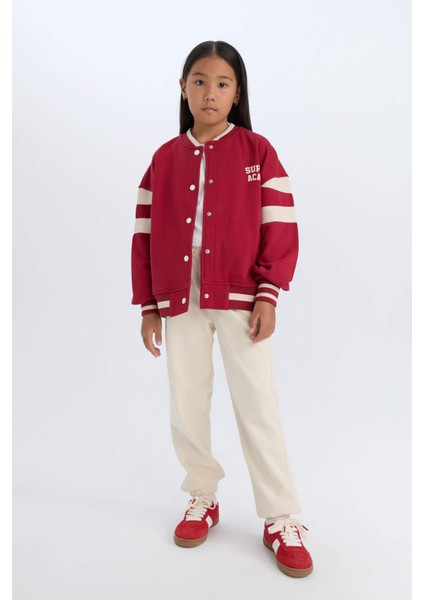 Kız Çocuk Kolej Yaka Baskılı Çıtçıtlı İçi Yumuşak Tüylü Bomber Okul Hırkası D4269A824WN