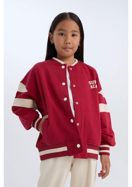 Kız Çocuk Kolej Yaka Baskılı Çıtçıtlı İçi Yumuşak Tüylü Bomber Okul Hırkası D4269A824WN