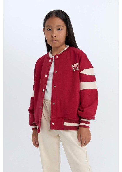 Kız Çocuk Kolej Yaka Baskılı Çıtçıtlı İçi Yumuşak Tüylü Bomber Okul Hırkası D4269A824WN