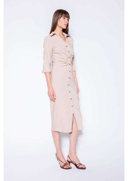 Gömlek Yaka Basic Düz Düğmeli Beli Büzgülü Bengalin Yarım Kollu Elbise D4560AX24AU