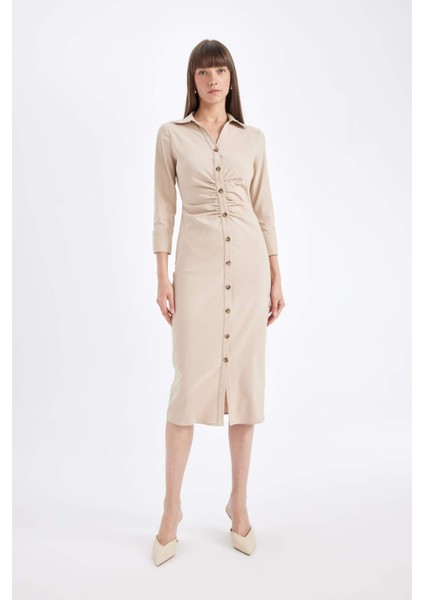 Gömlek Yaka Basic Düz Düğmeli Beli Büzgülü Bengalin Yarım Kollu Elbise D4560AX24AU