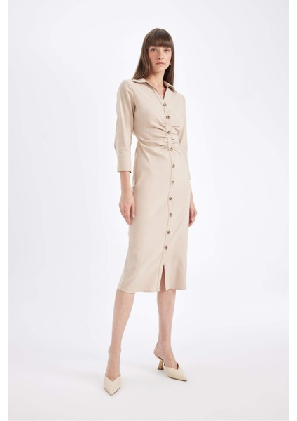 Gömlek Yaka Basic Düz Düğmeli Beli Büzgülü Bengalin Yarım Kollu Elbise D4560AX24AU