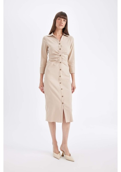 Gömlek Yaka Basic Düz Düğmeli Beli Büzgülü Bengalin Yarım Kollu Elbise D4560AX24AU