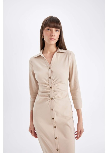 Gömlek Yaka Basic Düz Düğmeli Beli Büzgülü Bengalin Yarım Kollu Elbise D4560AX24AU