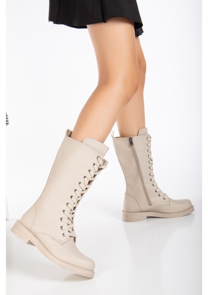Pamira Bağcıklı Deri Çizme Bej