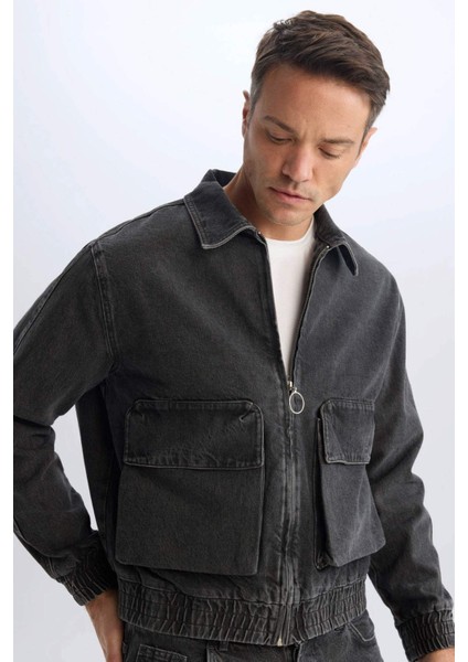%100 Pamuk Relax Fit Polo Yaka Fermuarlı Cepli Yıkamalı Denim Ceket D5092AX24AU