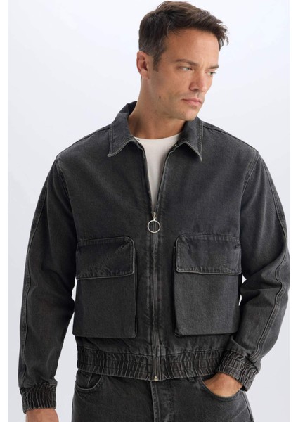 %100 Pamuk Relax Fit Polo Yaka Fermuarlı Cepli Yıkamalı Denim Ceket D5092AX24AU