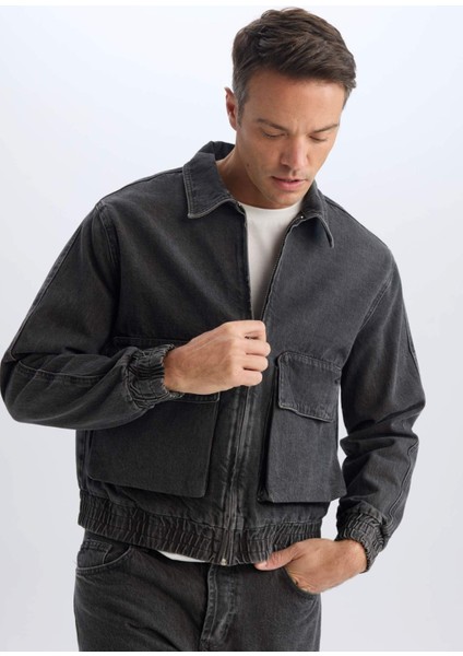 %100 Pamuk Relax Fit Polo Yaka Fermuarlı Cepli Yıkamalı Denim Ceket D5092AX24AU