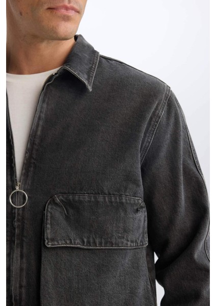 %100 Pamuk Relax Fit Polo Yaka Fermuarlı Cepli Yıkamalı Denim Ceket D5092AX24AU
