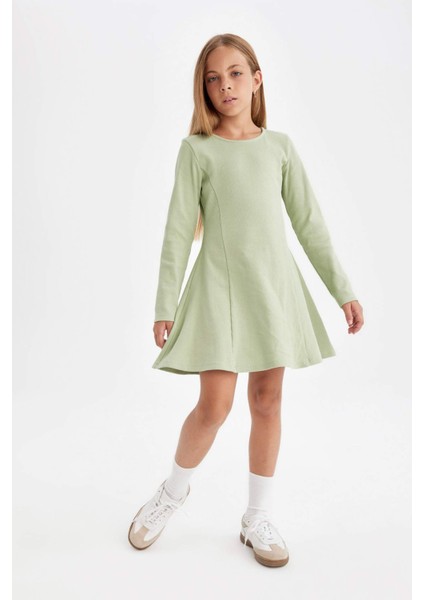 Kız Çocuk Basic Düz Bisiklet Yaka Fitilli Kaşkorse Uzun Kollu Elbise D4896A824WN