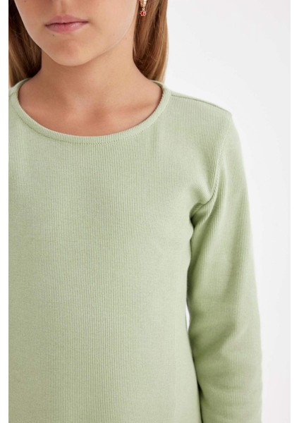 Kız Çocuk Basic Düz Bisiklet Yaka Fitilli Kaşkorse Uzun Kollu Elbise D4896A824WN