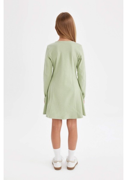 Kız Çocuk Basic Düz Bisiklet Yaka Fitilli Kaşkorse Uzun Kollu Elbise D4896A824WN