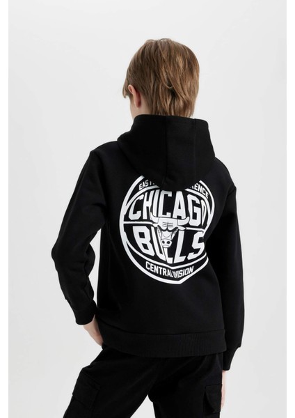 Erkek Çocuk Siyah NBA Chicago Bulls Oversize Geniş Kalıp Kapüşonlu Sırt Baskılı Sweatshirt D3123A824AU
