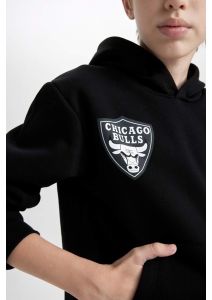 Erkek Çocuk Siyah NBA Chicago Bulls Oversize Geniş Kalıp Kapüşonlu Sırt Baskılı Sweatshirt D3123A824AU