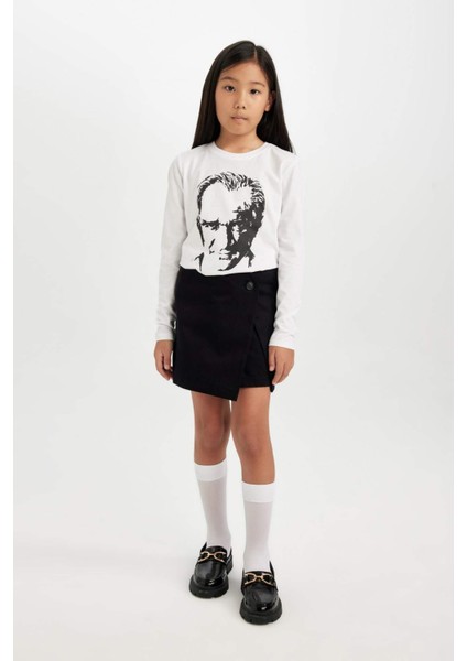 Kız Çocuk 29 Ekim Cumhuriyet Bayramı Düğmeli Gabardin Siyah Şort Etek D5286A824WN