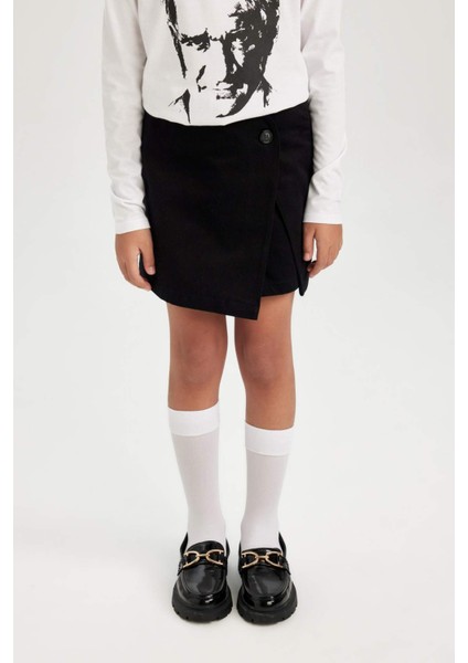 Kız Çocuk 29 Ekim Cumhuriyet Bayramı Düğmeli Gabardin Siyah Şort Etek D5286A824WN