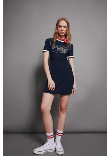 Coool Bodycon Vücuda Oturan Bisiklet Yaka Baskılı Fitilli Kaşkorse Kısa Kollu Mini Siyah Elbise