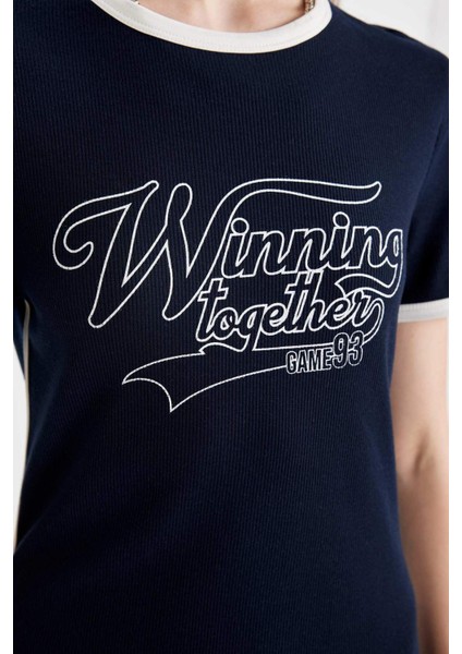 Coool Bodycon Vücuda Oturan Bisiklet Yaka Baskılı Fitilli Kaşkorse Kısa Kollu Mini Siyah Elbise