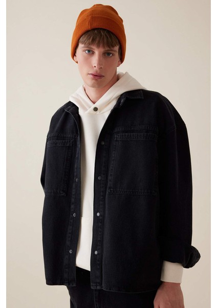 %100 Pamuk Oversize Geniş Kalıp Jean Uzun Kollu Basic Düz Gömlek D5111AX24AU