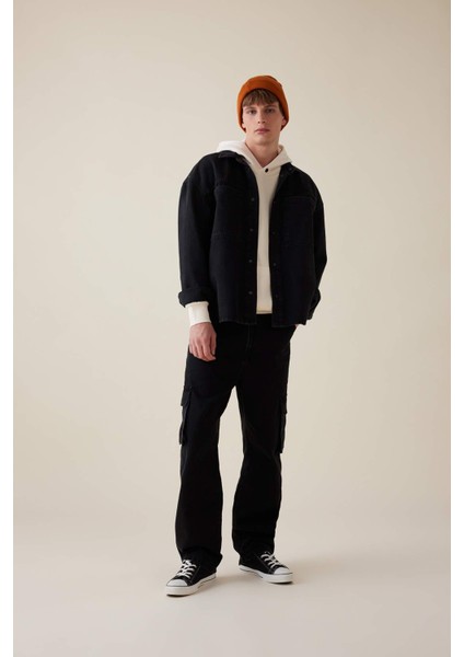 %100 Pamuk Oversize Geniş Kalıp Jean Uzun Kollu Basic Düz Gömlek D5111AX24AU