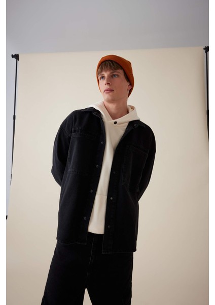 %100 Pamuk Oversize Geniş Kalıp Jean Uzun Kollu Basic Düz Gömlek D5111AX24AU